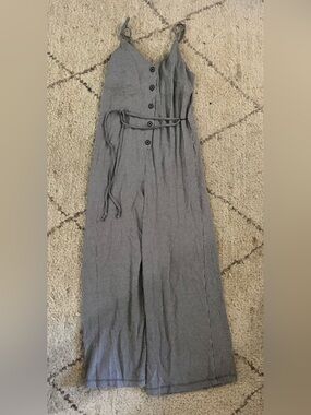 Gray Striped Wide-Leg Jumpsuit with Tie Waist
